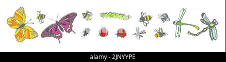Farfalle, collezione disegnata a mano su sfondo bianco isolato. Illustrazioni vettoriali. Farfalle belle, scintillanti e creative. Illustrazione Vettoriale