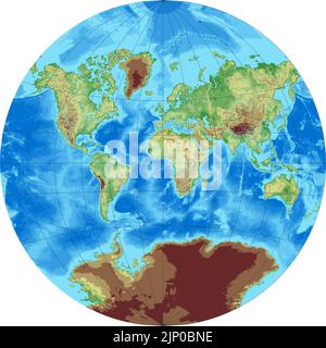 Mappa del mondo topografica vettoriale con pixel proiezione Van der Grinten Illustrazione Vettoriale