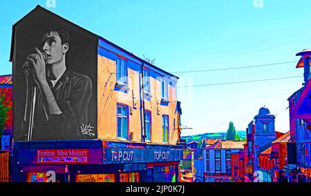 Ian Curtis, cantante di Joy Division Mural di Aske, artista di strada con sede a Manchester, Mill Street, Macclesfield, Cheshire, INGHILTERRA, REGNO UNITO,SK11 6NN Foto Stock