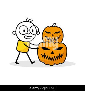 Uomo che spinge grandi zucche con espressioni facciali Jack-o-lantern. Personaggio di Cartoon Halloween. Illustrazione del vettore isolato. Illustrazione Vettoriale