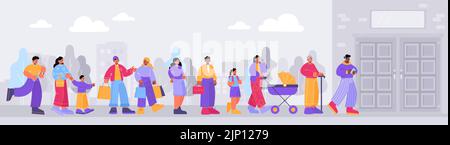 La gente si trova in coda per entrare in negozio, ufficio commerciale, museo o cinema. Paesaggio urbano con diversi personaggi in attesa in lunga fila fuori dalle porte dell'edificio, illustrazione vettoriale piatta Illustrazione Vettoriale
