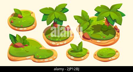 Set di cartoni animati di isole verdi isolate su sfondo bianco. Illustrazione vettoriale di pezzi di terra colorati con palme, erba, pietre e piante. Paesaggio naturale tropicale. Elementi di progettazione dell'interfaccia utente del gioco Illustrazione Vettoriale