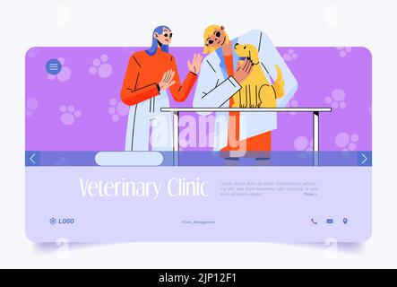 Veterinario clinica web banner, proprietario di animali domestici con visita ospedale cane, medico veterinario che controlla cucciolo carino sul tavolo. Concetto di salute e medicina degli animali domestici, disegno vettoriale piatto di Line art Illustrazione Vettoriale