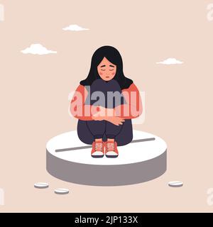 Dolore mestruale. Farmaci per alleviare i sintomi PMS. Donna arabica triste con crampi addominali seduti su una grande pillola. Problemi di giorno critici femminili. Vettore Illustrazione Vettoriale