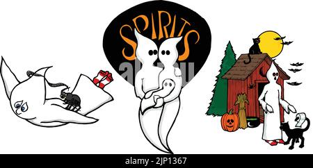 divertente set fantasma cartone animato Illustrazione Vettoriale
