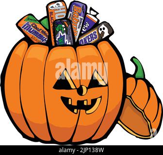 cartoon zucca di halloween piena di caramelle bar Illustrazione Vettoriale