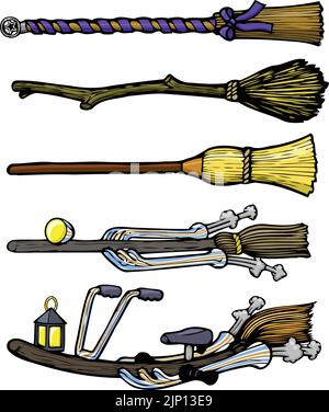 set di cartoni animati di divertenti scopa streghe Illustrazione Vettoriale