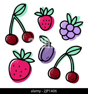Set di frutti di bosco di Doodle. Fragola, ciliegia, prugna, lampone, mora su sfondo bianco. Cibo sano, ingredienti frullati, dieta, vitamina Illustrazione Vettoriale