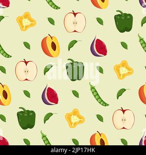 Frutta e verdura senza cuciture. Cibo vegetariano, concetto di cibo sano. Illustrazione vettoriale piatta. Illustrazione Vettoriale