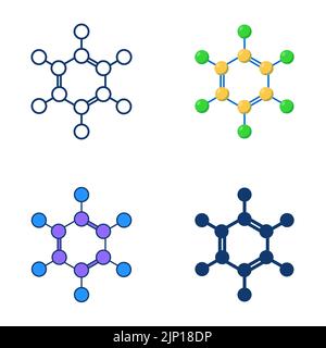 Icona del modello strutturale benzene impostata in stile piatto e lineare. Struttura chimica della molecola C6H6. Illustrazione vettoriale. Illustrazione Vettoriale