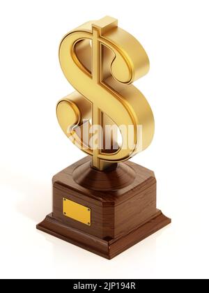 Simbolo del dollaro d'oro su base di legno isolato su sfondo bianco. Illustrazione 3D. Foto Stock