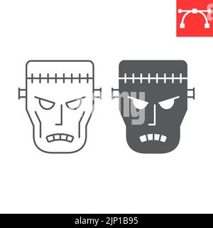 Linea Frankenstein e icona glifo, Halloween e mostro, icona vettore zombie, grafica vettoriale, segno di contorno del tratto modificabile, eps 10. Illustrazione Vettoriale