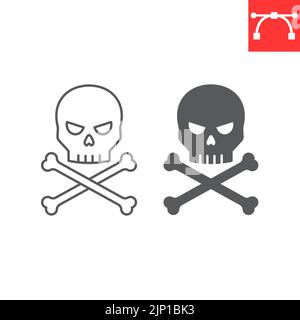 Icone linea e glifo del cranio e delle ossa incrociate, Halloween e osso, icona vettore del cranio, grafica vettoriale, segno di contorno del tratto modificabile, eps 10. Illustrazione Vettoriale