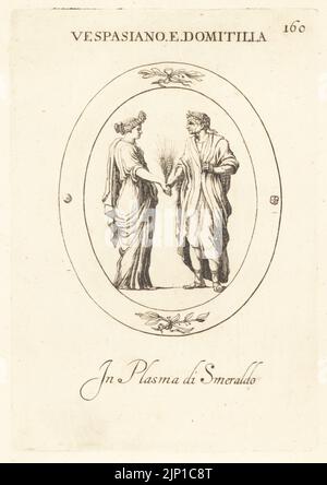 L'imperatore romano Vespasiano, 9-79 d.C., in corona di alloro e moglie Flavia Domitilla Major, morì prima del 69 d.C. Domitilla vestito come Cerere, tenendo orecchie di grano. In plasma smeraldo. Vespasiano e Domitilia. Nel plasma di smeraldo. Incisione in copperplate di Giovanni Battista Galestruzzi dopo Leonardo Agostini da Gemmae et Sculpturae Antiquae Depicti ab Leonardo Augustino Senesi, Abraham Blooteling, Amsterdam, 1685. Foto Stock