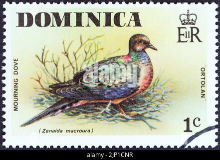 DOMINICA - CIRCA 1976: Un francobollo stampato a Dominica dal numero 'Wild Birds' mostra la colomba lutto (Zenaida macroura), circa 1976. Foto Stock