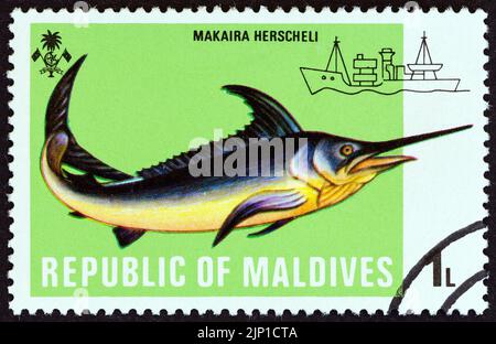 MALDIVE - CIRCA 1973: Un francobollo stampato nelle Maldive dal numero 'pesci' mostra Marlin (Makaira herscheli), circa 1973. Foto Stock