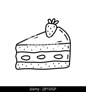 Pezzo di torta con fragola isolata su fondo bianco. Dessert carino, cibo dolce. Disegno vettoriale a mano in stile doodle. Perfetto per vari disegni, schede, decorazioni, logo, menu. Illustrazione Vettoriale