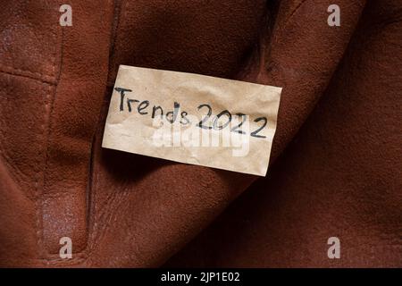 cappotto di pelle di pecora marrone delle donne di inverno come sfondo, cappotto di inverno naturale e testo su un pezzo di carta tendenze 2022, moda Foto Stock