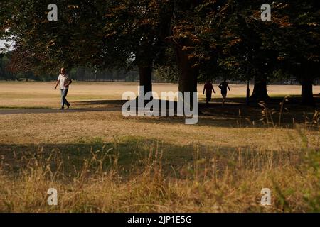 Le persone camminano in erba arroccata al St Nicholas' Park a Warwick, mentre il Regno Unito si stoppa per tre giorni di pioggia e di avvertimento meteo giallo. Data immagine: Lunedì 15 agosto 2022. Foto Stock