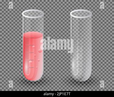 Provetta vuota e con liquido isolato su fondo trasparente. Fiala di vetro. Ritorno a scuola. Attrezzatura chimica. Illustrazione vettoriale. Illustrazione Vettoriale