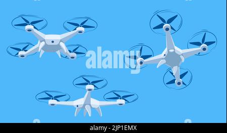 Drone volante con sfondo cielo blu, illustrazione vettoriale. Droni di cartoni animati che volano in diverse angolazioni. Illustrazione Vettoriale