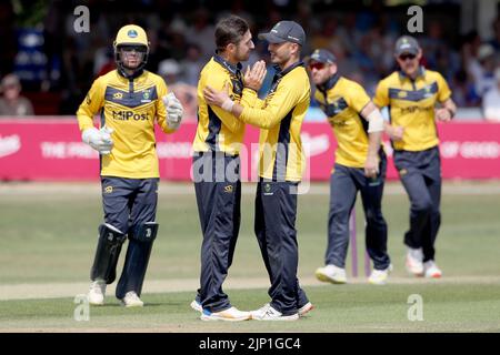 Andrew Salter di Glamorgan festeggia con i suoi compagni di squadra dopo aver preso il wicket di Aron Nijjar durante Essex Eagles vs Glamorgan, Royal London One-da Foto Stock