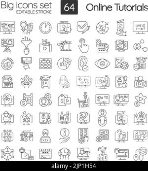 Set di icone lineari dei tutorial online Illustrazione Vettoriale