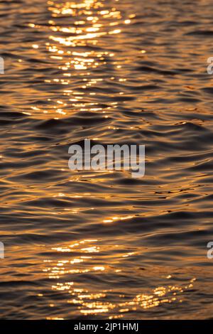 Ripple acqua mare oceano superficie con luce tramonto dorato. Primo piano dell'onda di mare Foto Stock