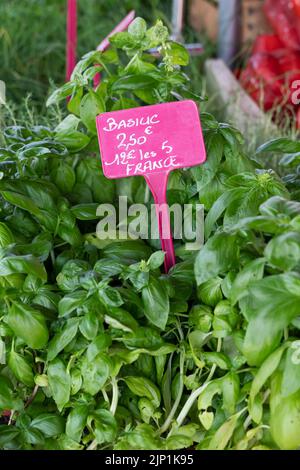 Stallo balsamico nel mercato di Sanary-sur-mer, Francia Foto Stock