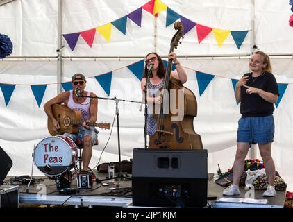 The Peas band suona con una ragazza che firma il testo per The Deaf, Art in the Park, Leamington Spa, Warwickshire, UK Foto Stock