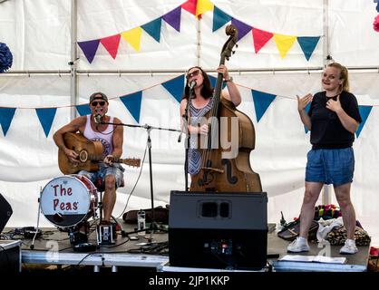 The Peas band suona con una ragazza che firma il testo per The Deaf, Art in the Park, Leamington Spa, Warwickshire, UK Foto Stock