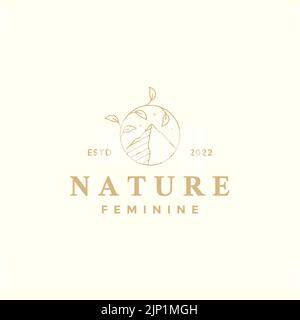 l'arte infila le montagne con il logo del fogliame Illustrazione Vettoriale