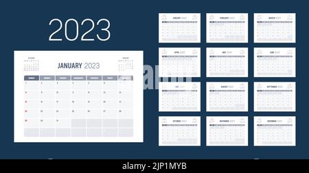 Calendario mensile anno 2023. La settimana inizia la domenica. Modello vettore. Illustrazione Vettoriale