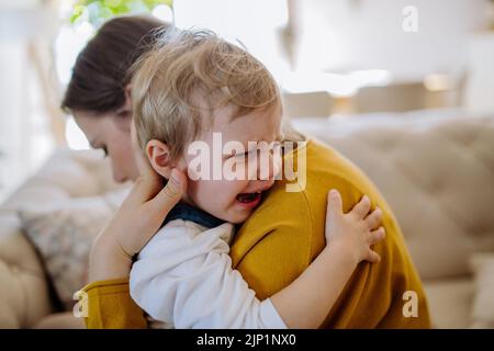Madre consolante la sua piccola figlia sconvolta a casa. Foto Stock