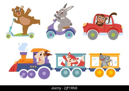 Set di animali durante il trasporto. Simpatici personaggi del conducente dei veicoli. Orso felice su scooter, coniglio carino su moto e scimmia in macchina rossa. Treno per cani. Divertente giro in locomotiva con volpe e mouse. Illustrazione Vettoriale