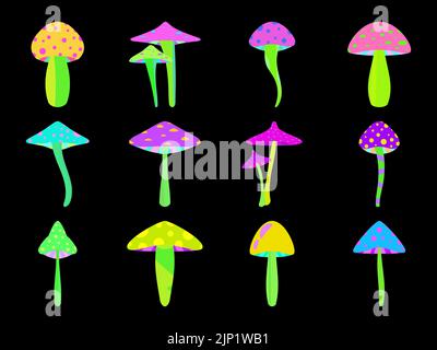 Set di icone di funghi psichedelici. Viaggio acido, funghi colorati e luminosi nello stile degli anni '80s. Funghi magici trippy. Design per poster, banne Illustrazione Vettoriale