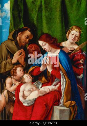 Lorenzo Lotto, Madonna col Bambino con i Santi Giovanni Battista, Francesco d'Assisi, Giuseppe e Caterina d'Alessandria, dipinto ad olio su tavola, circa 1508 Foto Stock