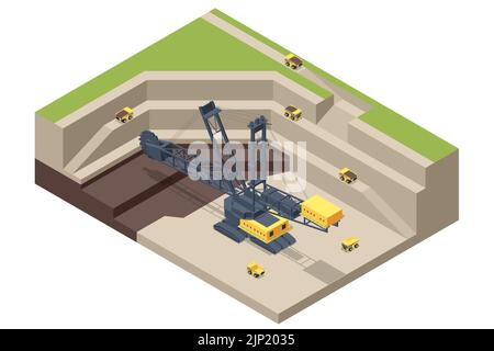 Cava isometrica, miniera con dumper da cava di grandi dimensioni e escavatore con ruote a benna. Miniera di carbone. Attrezzature per l'industria mineraria. Benna-ruota Illustrazione Vettoriale