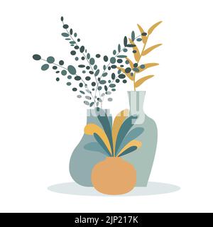 Vasi di ceramica con piante della casa. Piante della casa in pentole. Illustrazione vettoriale disegnata a mano. Piante di casa alla moda in stile piatto. Sfondo bianco. Illustrazione Vettoriale