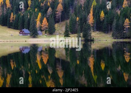 Un paesaggio autunnale da sogno con un piccolo cottage che si riflette in un lago alpino in Stiria, Austria Foto Stock