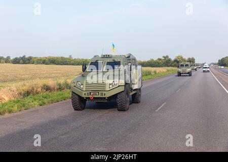 DONETSK Reg, UCRAINA - 11 agosto 2022: Un lotto di 11 nuovi veicoli blindati A SCUDO MLS di produzione italiana acquistati dal fondo Poroshenko consegnati alle forze d'assalto dell'Ucraina Foto Stock