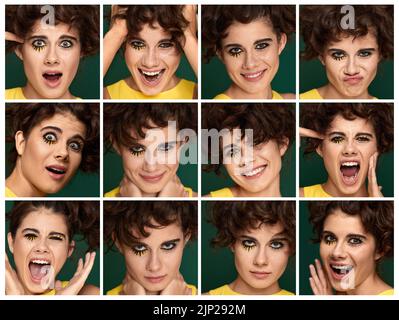 Set di ragazza in abito giallo con diverse espressioni facciali Foto Stock