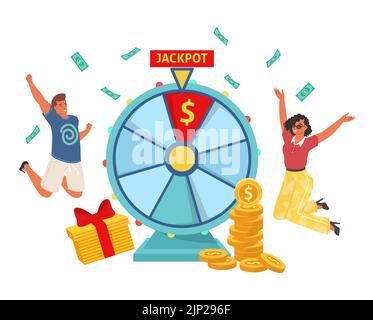 Premio jackpot ruota rotante e persone felici Illustrazione Vettoriale