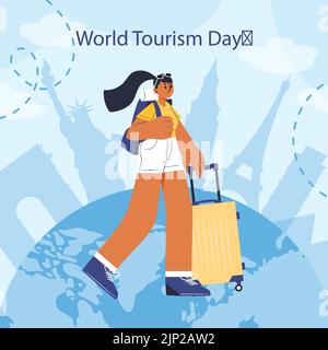 Illustrazione piatta per la celebrazione di giorno di turismo del mondo, ragazza che cammina con un'illustrazione Vector della valigia Illustrazione Vettoriale