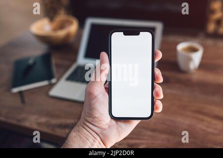 Smartphone mockup, Internet delle cose e concetto di casa intelligente, uomo che utilizza il telefono cellulare. Primo piano del dispositivo di tenuta manuale con schermo vuoto in casa interi Foto Stock