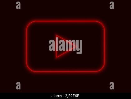 Neon luminoso icona video di riproduzione online isolata su sfondo rosso. Illustrazione Vettoriale