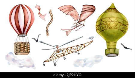 Set di aerei antichi, aria calda baloon acquerello illustrazione isolata. Velivoli con uccello che vola nel cielo dipinto a mano. Design degli aerei retro ele Foto Stock