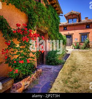 Bella facciata di case in pietra con piante colorate e fiori all'ingresso. Foto Stock