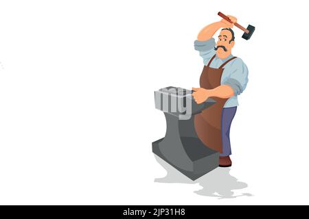 Illustrazione vettoriale del fabbro medievale. Smith lavora con il martello e l'incudine isolato personaggio dei cartoni animati Illustrazione Vettoriale