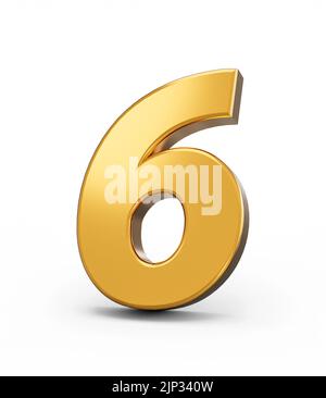 Una rappresentazione 3D di un numero d'oro 6 isolato su sfondo bianco Foto Stock